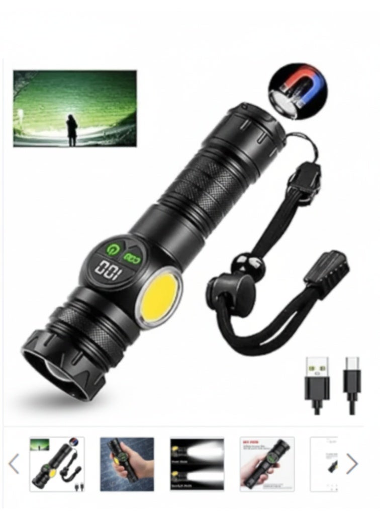 LED Flashlight USB Rechargeable | Alloy Torch with Digital Display, Telescopic Zoom, COB Side Light & Magnetic Base - Image 4