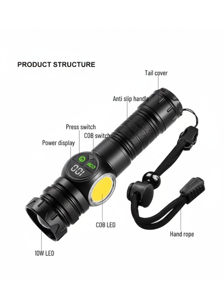 LED Flashlight USB Rechargeable | Alloy Torch with Digital Display, Telescopic Zoom, COB Side Light & Magnetic Base - Image 5