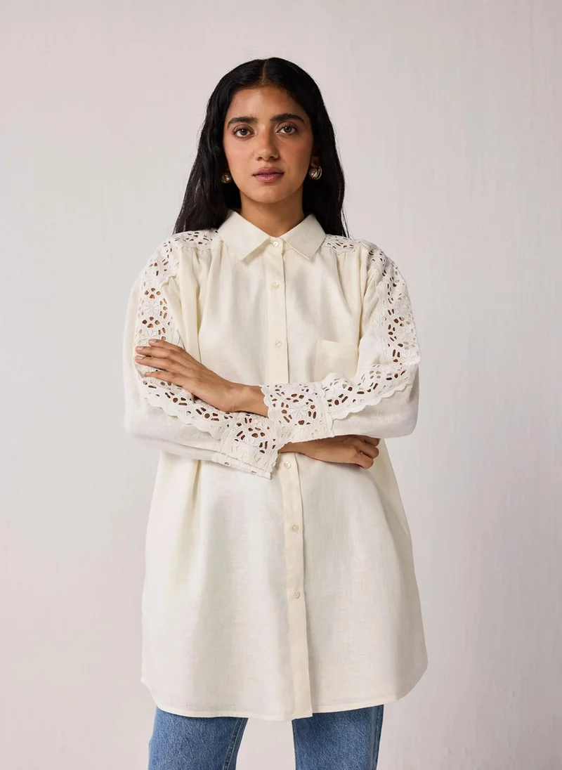 نور Oversized Long Hemp Shirt With Embroidered Sleeve Detail In Off-White