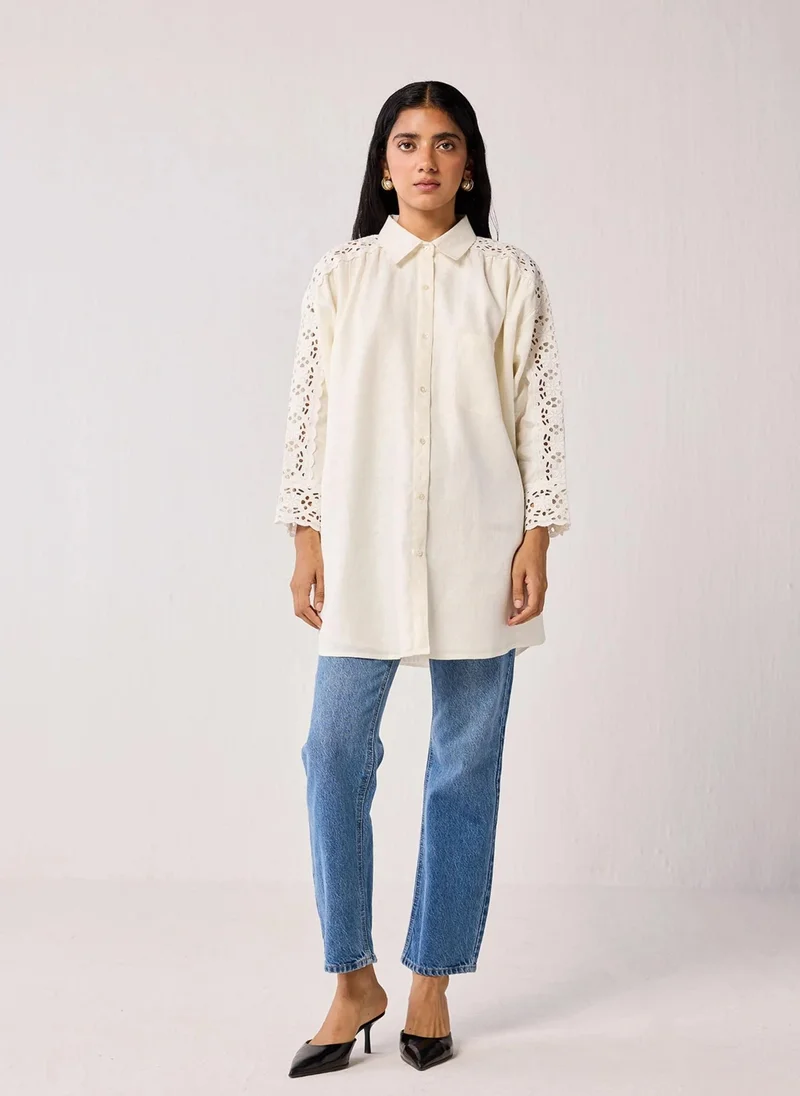 نور Oversized Long Hemp Shirt With Embroidered Sleeve Detail In Off-White