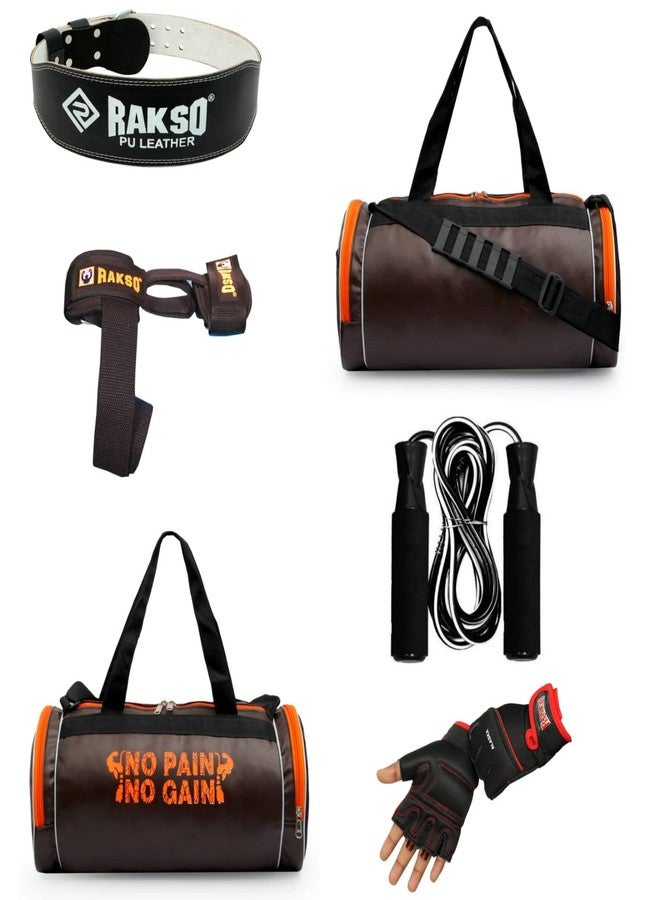 RAKSO PU Gym Bag with Hand Band with PU Gym Belt with Gym Glove with Skipping Rope Combo for Men Women Stylish Duffel Sports Travel Bag with Pocket 00.2 - Image 1