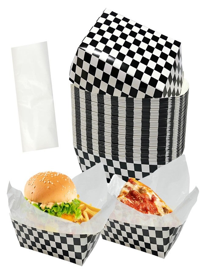 CODOHI 100 Pcs Checkered Race Car Paper Food Trays with 100 Deli Liner, Disposable Paper Food Boats Nacho Trays, Black & White Plaid Serving Tray for Snack Hot Dog for Racing Theme Baby Shower Party - Image 1