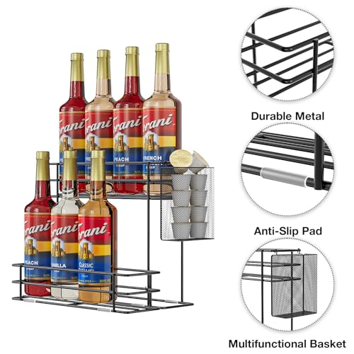 OVICAR Coffee Syrup Organizer Rack - 8 Bottle Holder Stand for Coffee Bar & Station Accessories with Straw & Pod Basket, 2 Tiers Black - Image 4