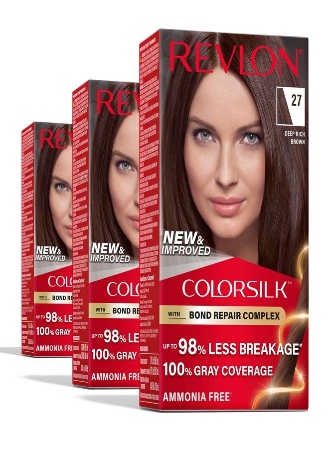 Revlon ColorSilk with Bond Repair Complex, Brown Permanent Hair Color, 100% Gray Coverage, Ammonia Free Hair Dye, Vegan Keratin, 27 Deep Rich Brown (Pack of 3) - Image 1