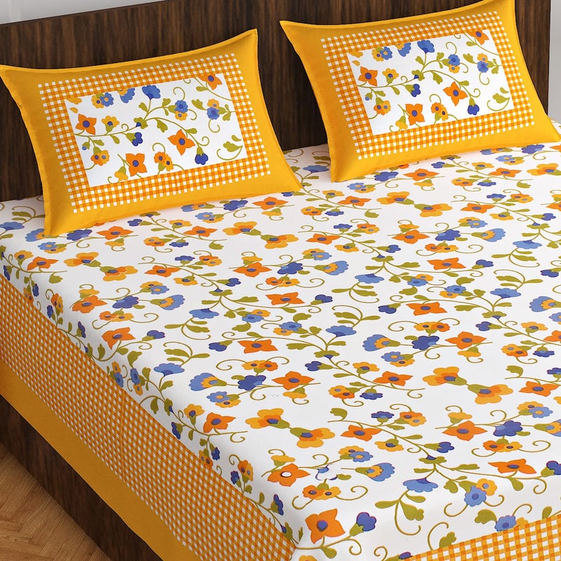 EarlyMart Cotton Rajasthani Jaipuri Traditional Floral King Size Double Bedsheet with 2 Pillow Covers (Yellow-3) - Image 1