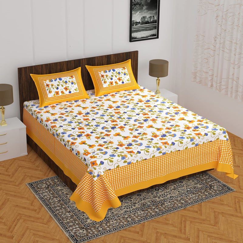 EarlyMart Cotton Rajasthani Jaipuri Traditional Floral King Size Double Bedsheet with 2 Pillow Covers (Yellow-3) - Image 2