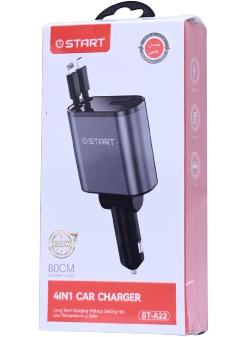 Starte START ST-A22 120W Retractable Car Charger, 4-in-1 Car Charger with 80cm Retractable Cables (Type-C and Lightning) and Voltage Display, for 12V/24V Cars - Image 1