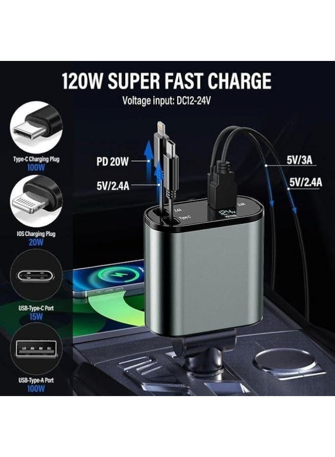 Starte START ST-A22 120W Retractable Car Charger, 4-in-1 Car Charger with 80cm Retractable Cables (Type-C and Lightning) and Voltage Display, for 12V/24V Cars - Image 3