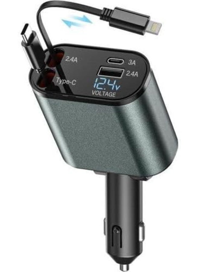 Starte START ST-A22 120W Retractable Car Charger, 4-in-1 Car Charger with 80cm Retractable Cables (Type-C and Lightning) and Voltage Display, for 12V/24V Cars - Image 2