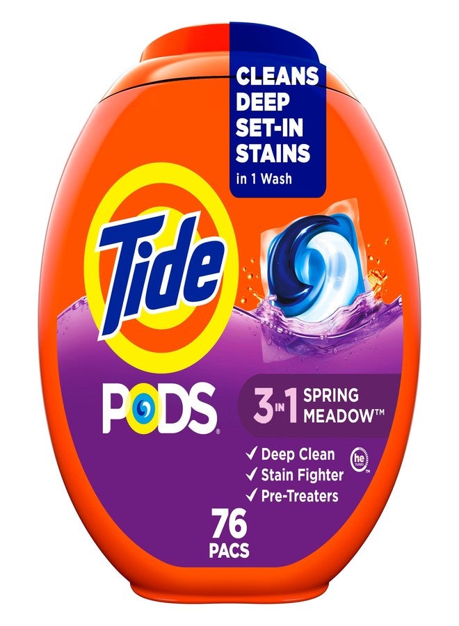 Tide PODS Liquid Laundry Detergent Soap Pacs, HE Compatible, Powerful 3-in-1 Clean in one Step, Built in Stain Removers, Spring Meadow Scent, 76 Count - Image 1