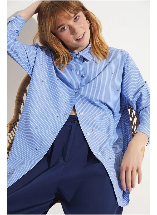 JUNE June Stoned Striped Shirt Blue