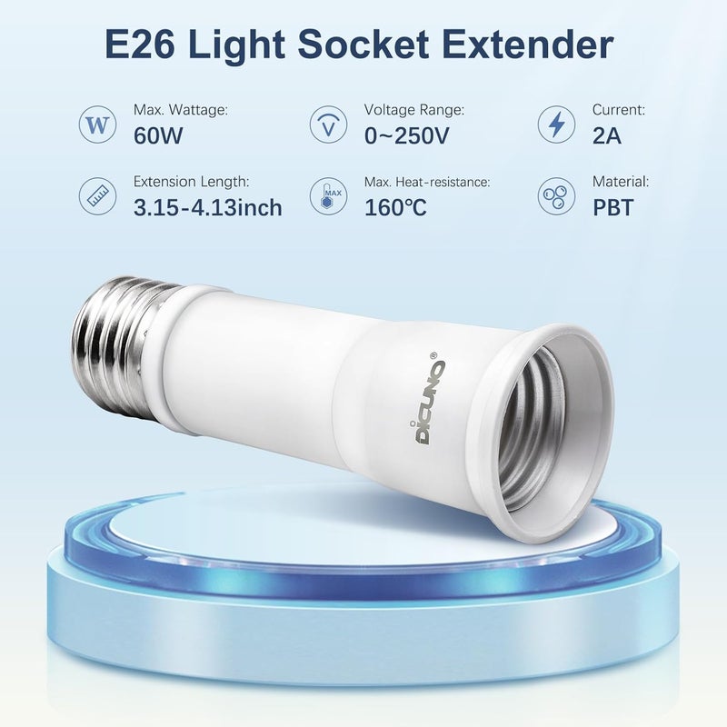 DiCUNO E26 3.15-4.13Inch/8-10.5CM Extension Flexible Socket Extender Adapter, E26 Edison Screw Converter, Light Socket Extender, Lamp Bulb Extension, 2-Pack - Image 2