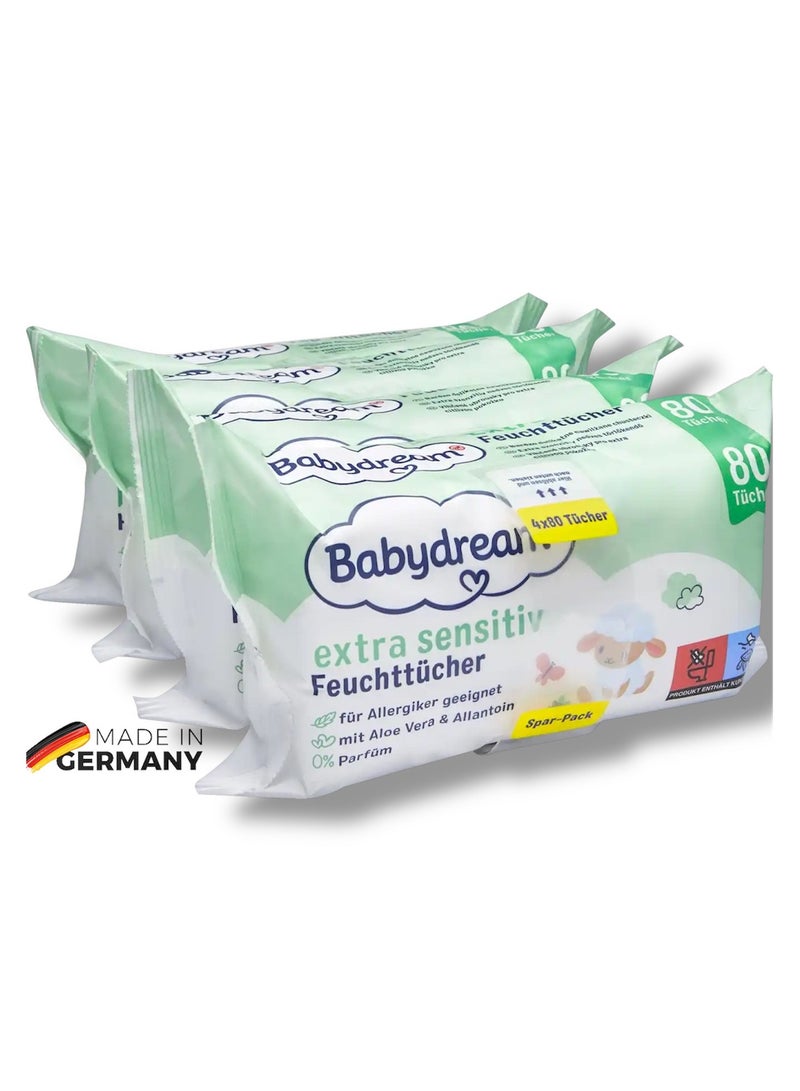ROSSMANN German Brand Wipes , Baby Wipes, Babydream Extra Sensitive Wet Wipes Quattro-Pack, 320 Pieces (4x80) – For Sensitive Skin, Gentle Cleaning, Fragrance-Free, with Aloe Vera & Allantoin. - Image 1