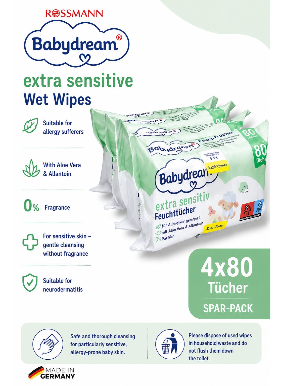 ROSSMANN German Brand Wipes , Baby Wipes, Babydream Extra Sensitive Wet Wipes Quattro-Pack, 320 Pieces (4x80) – For Sensitive Skin, Gentle Cleaning, Fragrance-Free, with Aloe Vera & Allantoin.