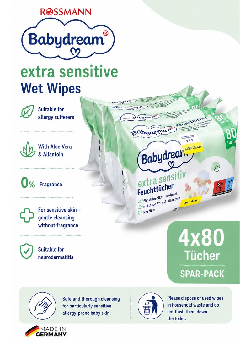 ROSSMANN German Brand Wipes , Baby Wipes, Babydream Extra Sensitive Wet Wipes Quattro-Pack, 320 Pieces (4x80) – For Sensitive Skin, Gentle Cleaning, Fragrance-Free, with Aloe Vera & Allantoin. - Image 1