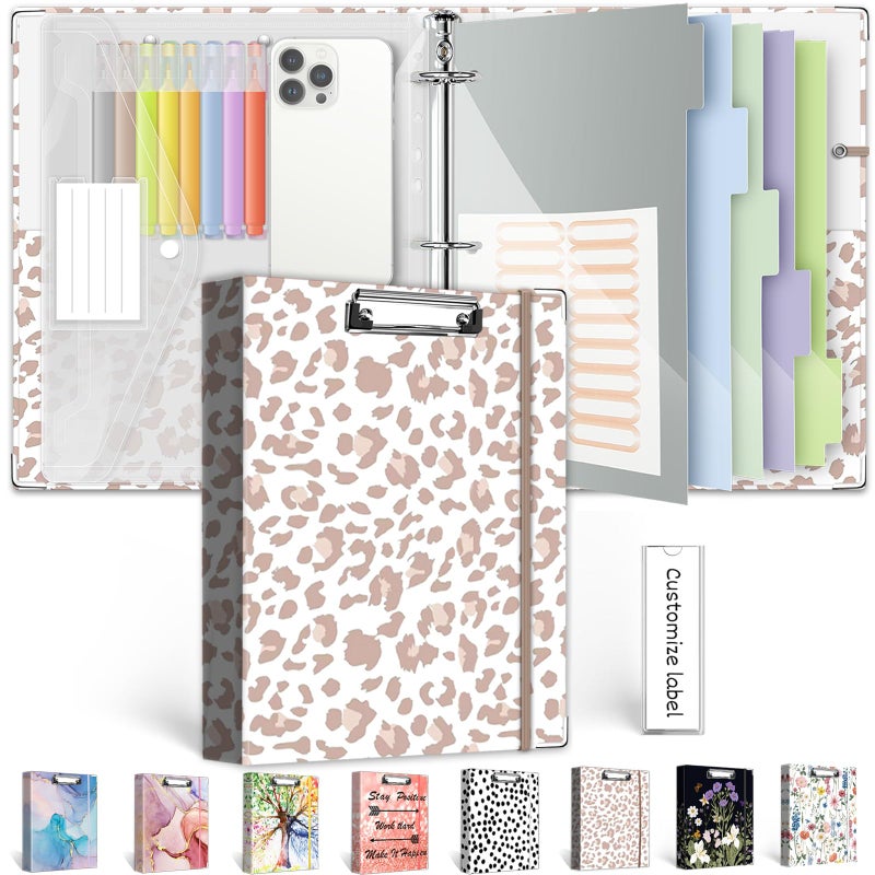 BVSSX 3 Ring Binder 1 Inch for 8.5"x11" Paper, Three Ring Binders with Clipboard, 5 Dividers with Tabs and Pockets, Transparent Folder, 18 Divider Stikers, BVSSX Decorative Binder with Pen Holder,Leopard - Image 1