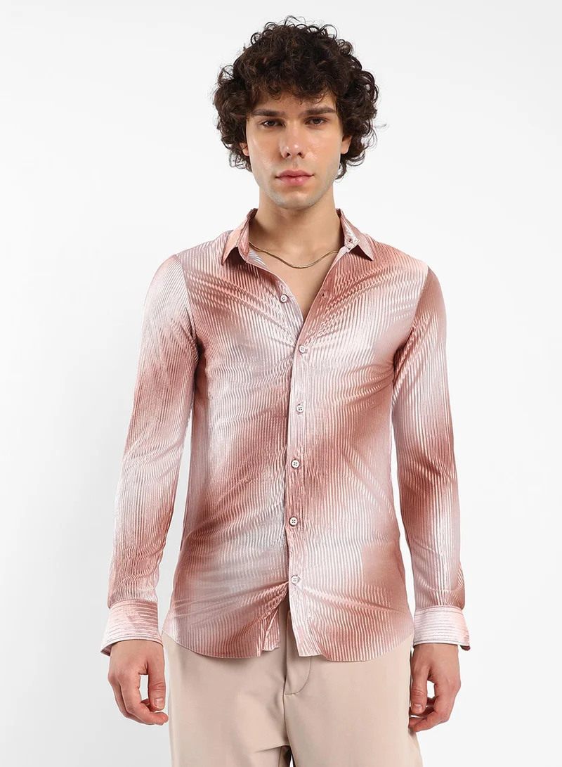 Campus Sutra Men's Mocha Brown & Ivory White Ombre-Pleated Shirt