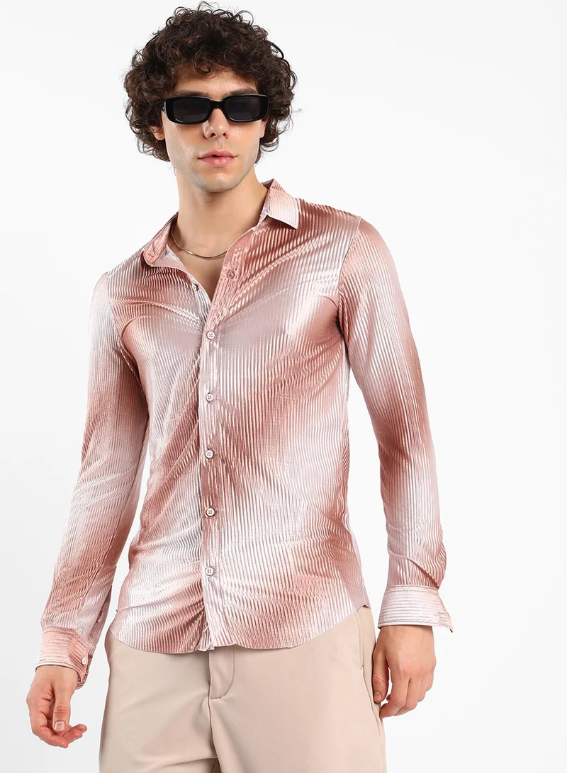 Campus Sutra Men's Mocha Brown & Ivory White Ombre-Pleated Shirt