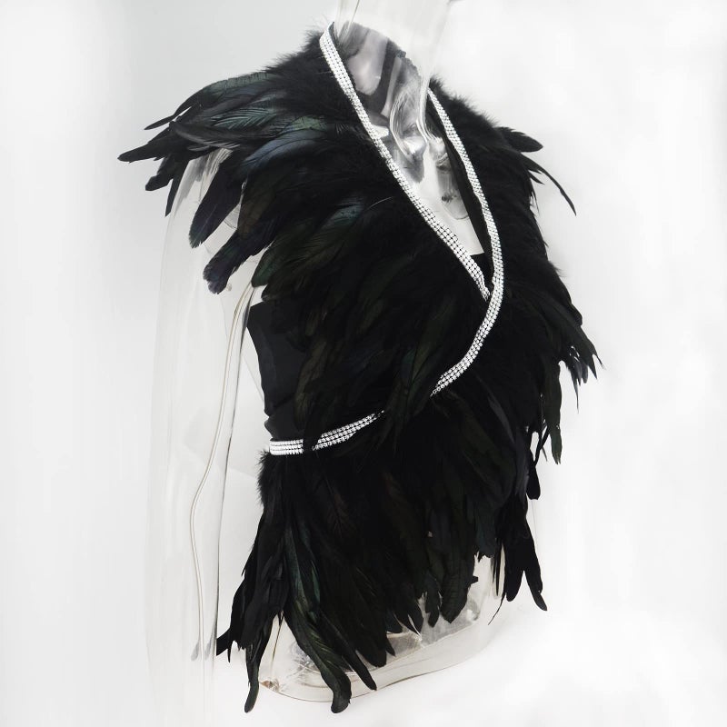 Miuco Feather Cape Shawl for Women Feather Boa Ribbon for Game Gothic Party Halloween Costume Cosplay Scarves Black - Image 4