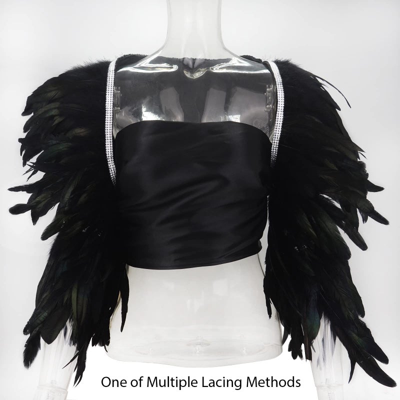 Miuco Feather Cape Shawl for Women Feather Boa Ribbon for Game Gothic Party Halloween Costume Cosplay Scarves Black - Image 5