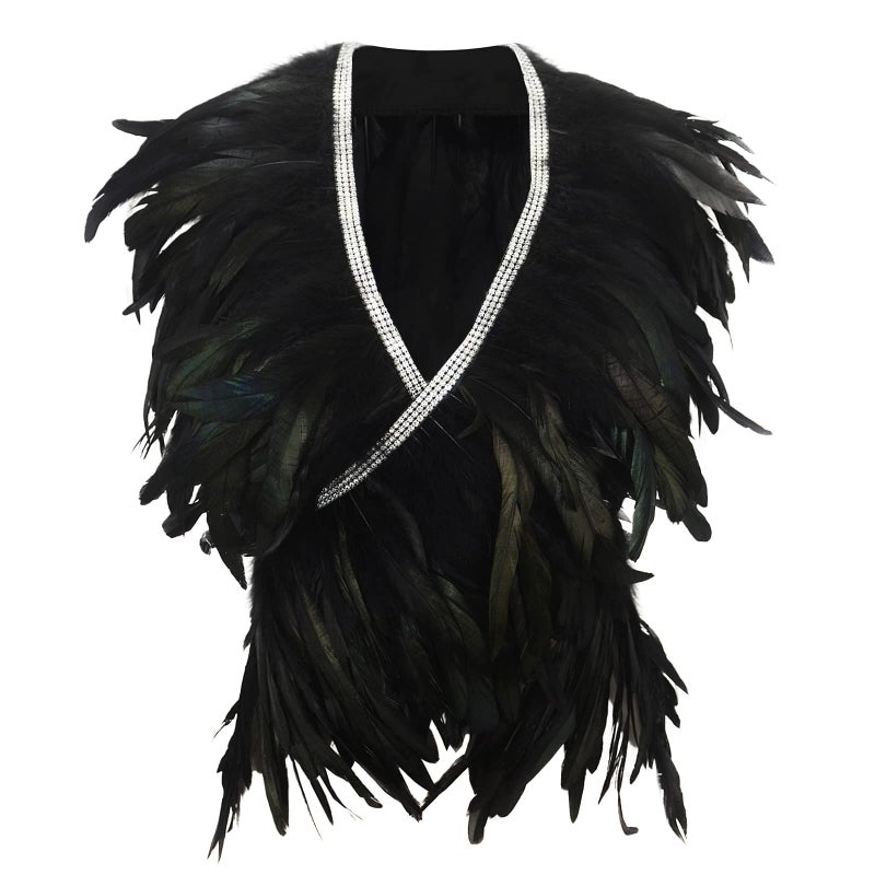 Miuco Feather Cape Shawl for Women Feather Boa Ribbon for Game Gothic Party Halloween Costume Cosplay Scarves Black - Image 3