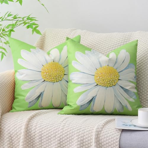 Coeufuedy Spring Summer Outdoor Waterproof Pillow Covers 18 x 18 Inch Set of 2 Green Daisy Flower Decorative Cushion Cases for Sofa Couch Garden Patio - Image 3