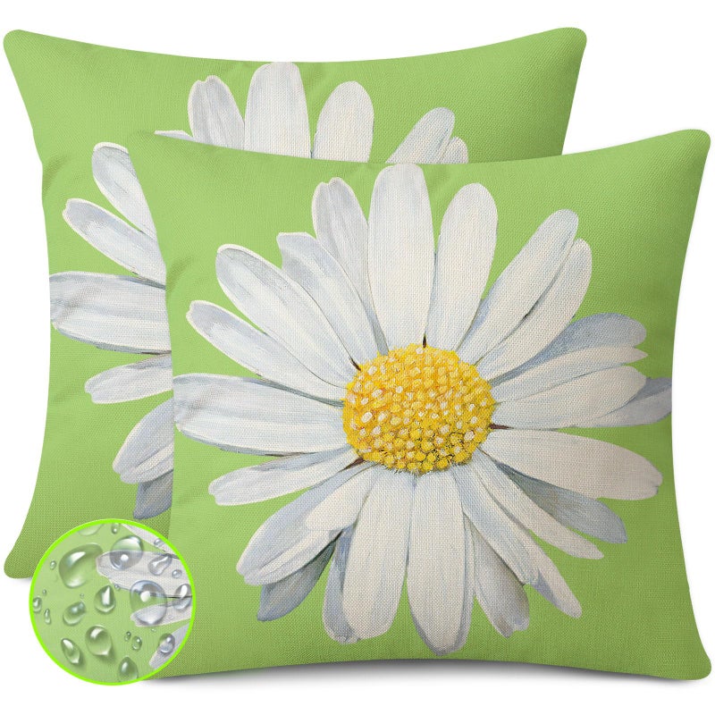 Coeufuedy Spring Summer Outdoor Waterproof Pillow Covers 18 x 18 Inch Set of 2 Green Daisy Flower Decorative Cushion Cases for Sofa Couch Garden Patio - Image 2