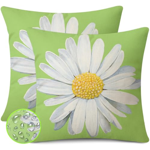 Coeufuedy Spring Summer Outdoor Waterproof Pillow Covers 18 x 18 Inch Set of 2 Green Daisy Flower Decorative Cushion Cases for Sofa Couch Garden Patio - Image 1