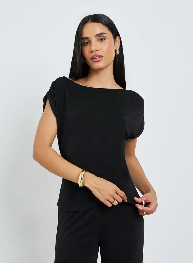 Styli Black Solid Knit Top and Straight Leg Pants Co-Ords
