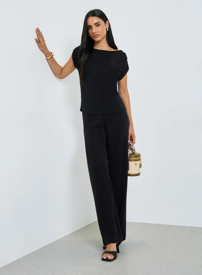 Styli Black Solid Knit Top and Straight Leg Pants Co-Ords