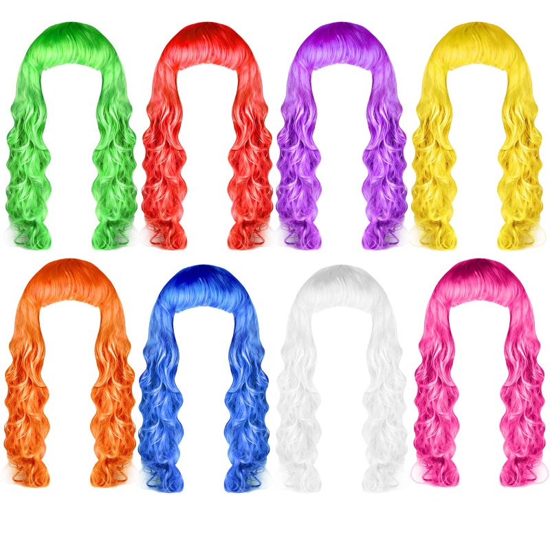 PLULON Colorful Wigs for Women 8 Pieces Colorful Long Curly Wigs Neon Party Wigs Hair Wig Wavy Hair Wigs for Neon Bachelorette Party Accessories Halloween Costumes