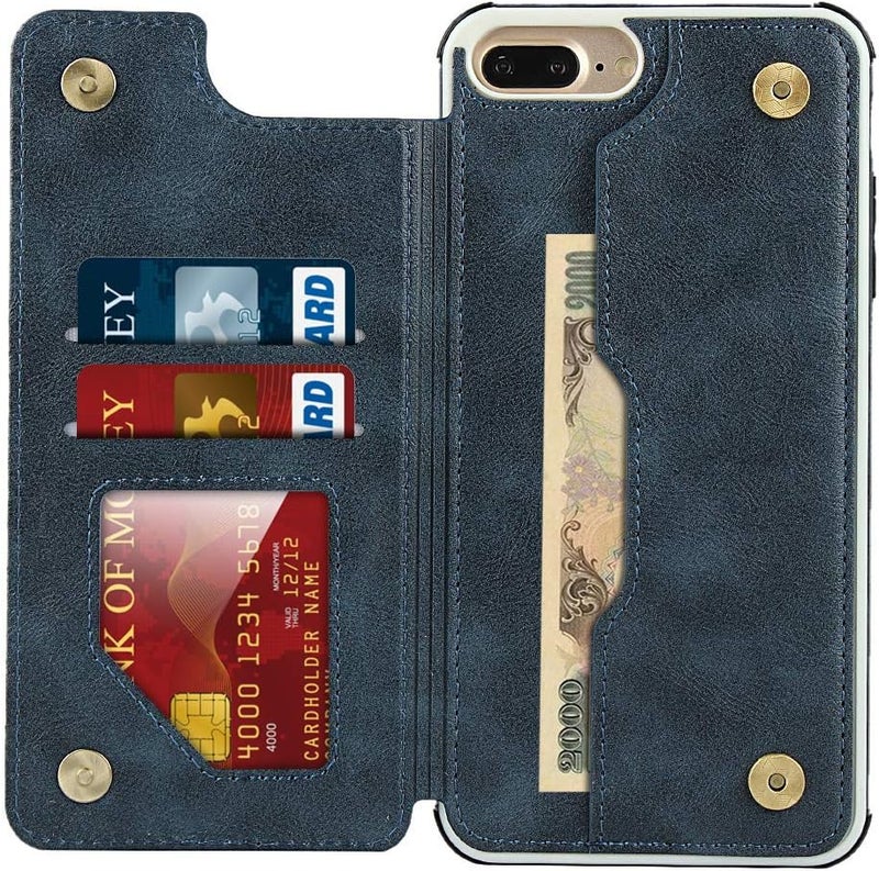 آي كوفر كايس حافظة لهاتف iPhone 6 Plus/6S Plus/7 Plus/8 Plus، حافظة محفظة مع حامل بطاقات، فتحات بطاقات، حزام معصم، جلد بولي يوريثان، غطاء قابل للطي مقاوم للصدمات لهاتف iPhone 6 Plus/6S Plus/7 Plus/8 Plus - أزرق - Image 3