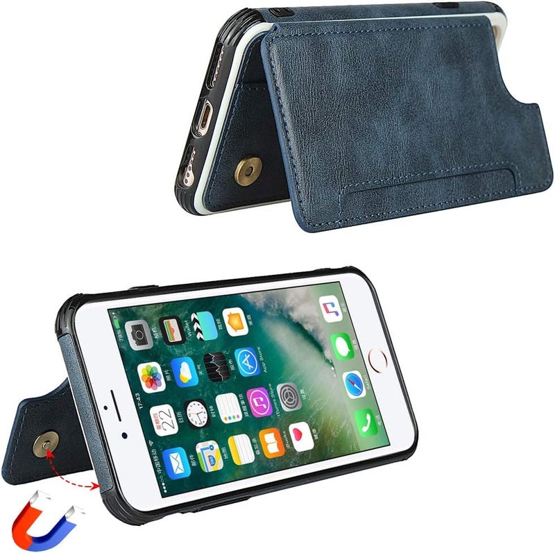 آي كوفر كايس حافظة لهاتف iPhone 6 Plus/6S Plus/7 Plus/8 Plus، حافظة محفظة مع حامل بطاقات، فتحات بطاقات، حزام معصم، جلد بولي يوريثان، غطاء قابل للطي مقاوم للصدمات لهاتف iPhone 6 Plus/6S Plus/7 Plus/8 Plus - أزرق - Image 4