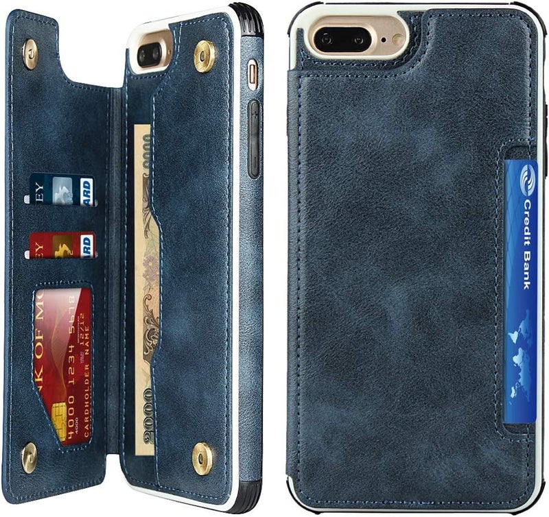 آي كوفر كايس حافظة لهاتف iPhone 6 Plus/6S Plus/7 Plus/8 Plus، حافظة محفظة مع حامل بطاقات، فتحات بطاقات، حزام معصم، جلد بولي يوريثان، غطاء قابل للطي مقاوم للصدمات لهاتف iPhone 6 Plus/6S Plus/7 Plus/8 Plus - أزرق - Image 1