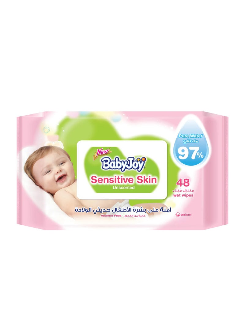 Baby Joy BabyJoy Sensitive Skin Wet Wipes, Unscented, 97% Pure Water, 48 Pack for Newborns 