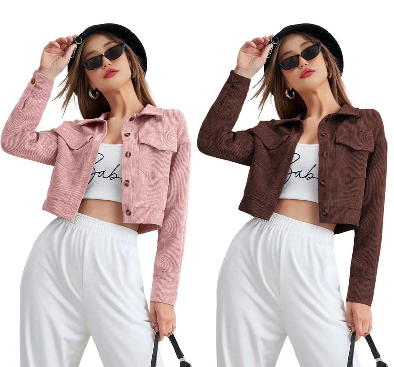 SMOWKLY Women’s Cotton Blend Cropped Jacket with Two Pockets| Casual Button Down Shirt | Stylish Lightweight Outerwear for Women’s | Long Sleeve Jacket for Regular Wear(1684-BRN-L/1684-PCH-L) - Image 1