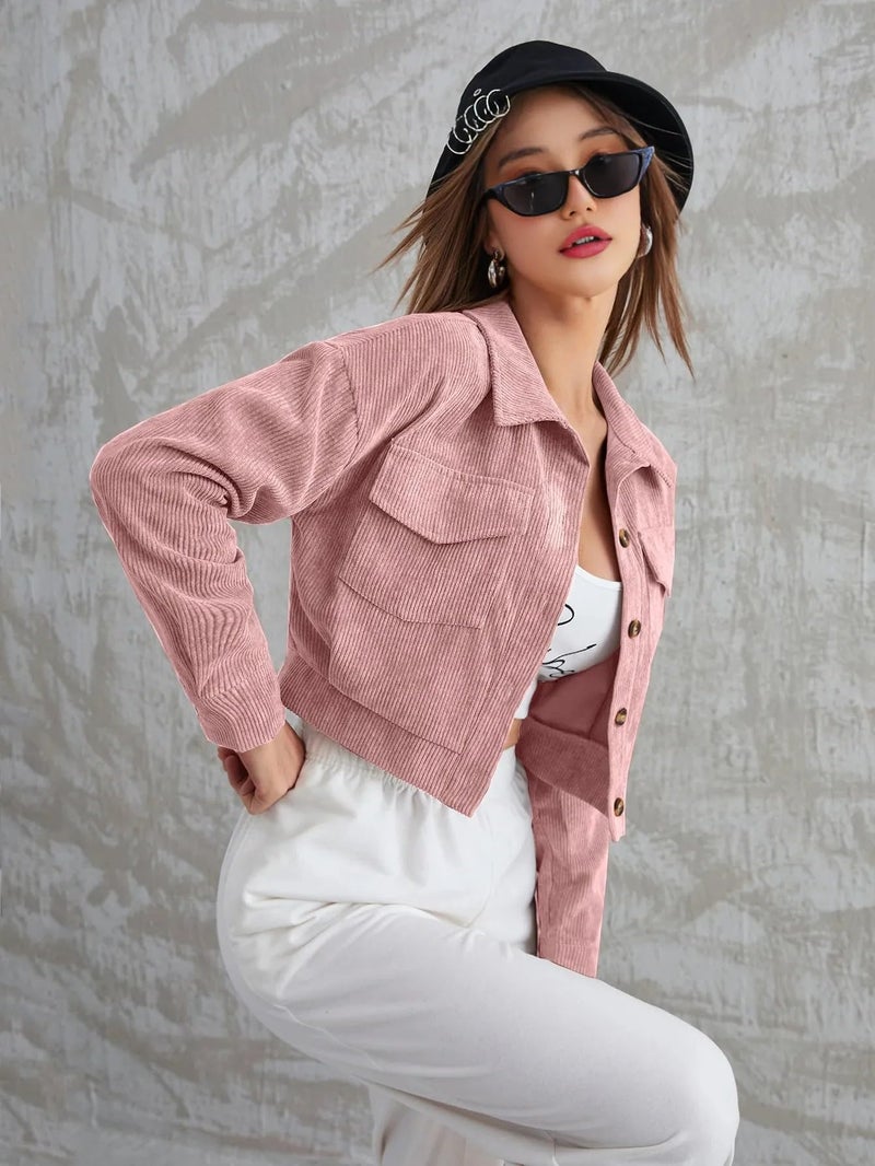 SMOWKLY Women’s Cotton Blend Cropped Jacket with Two Pockets| Casual Button Down Shirt | Stylish Lightweight Outerwear for Women’s | Long Sleeve Jacket for Regular Wear(1684-BRN-L/1684-PCH-L) - Image 2
