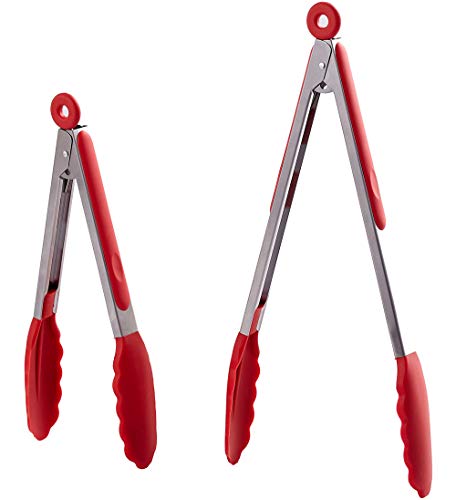 HiramWare Kitchen Tongs Set of 2 – 9 inch & 12 inch – Stainless Steel Food Tongs with Silicone Tips – Premium Locking Non-stick Tongs for Cooking, BBQ, Grilling, Salad - Heavy Duty, BPA Free(Red) - Image 1