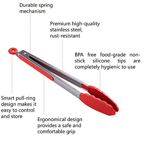 HiramWare Kitchen Tongs Set of 2 – 9 inch & 12 inch – Stainless Steel Food Tongs with Silicone Tips – Premium Locking Non-stick Tongs for Cooking, BBQ, Grilling, Salad - Heavy Duty, BPA Free(Red) - Image 2