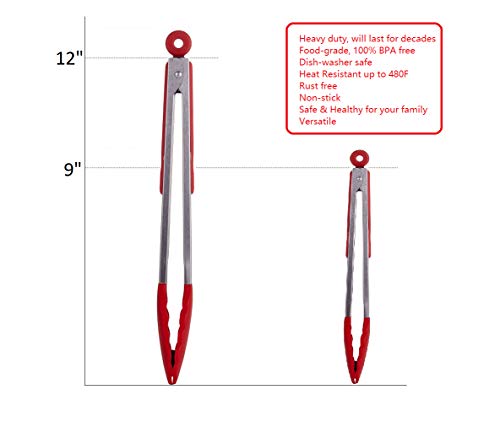 HiramWare Kitchen Tongs Set of 2 – 9 inch & 12 inch – Stainless Steel Food Tongs with Silicone Tips – Premium Locking Non-stick Tongs for Cooking, BBQ, Grilling, Salad - Heavy Duty, BPA Free(Red) - Image 4