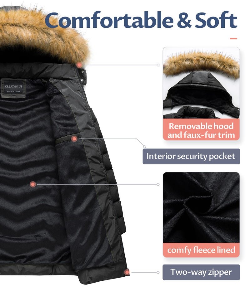 CREATMO US Women's Waterproof Long Parka Puffer Winter Coat With Removable Faux Fur Hood Black XS - Image 3