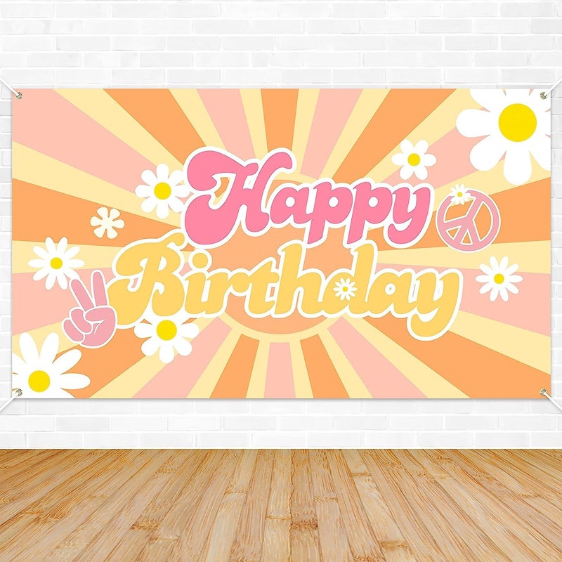 PYEBE 70 * 47 Inches Happy Birthday Backdrop Banner Retro Girl Birthday Party Decorations Party Supplies Daisy Flower XtraLarge Photography Background for Baby Shower Photo Prop Wall Decor - Image 2