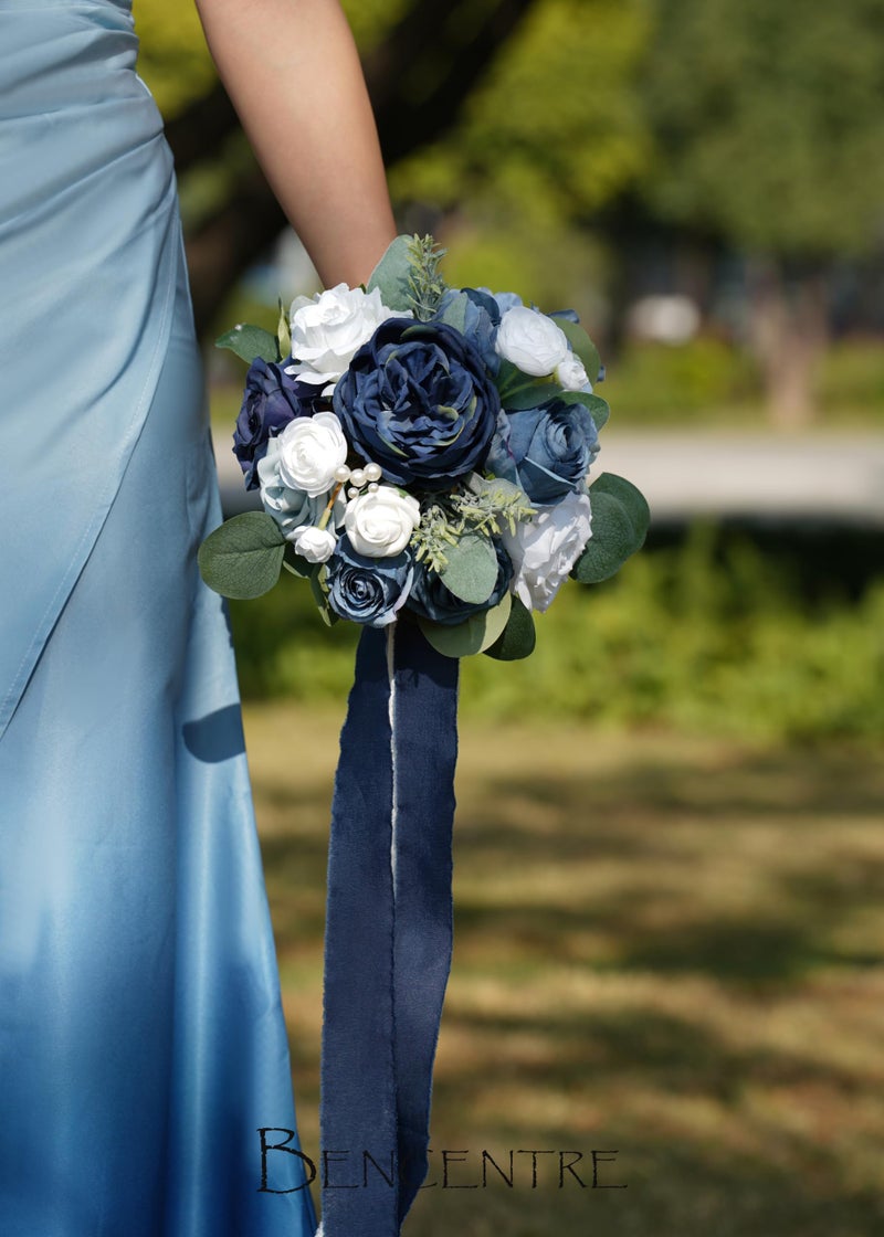 BENCENTRE 7 Inch Navy Blue Bridesmaid Bouquet for Wedding  Set of 4  Small Wedding Bouquet for Marriage Proposal Party and Vintage Wedding Ceremony Anniversary Artificial Flowers - Image 4