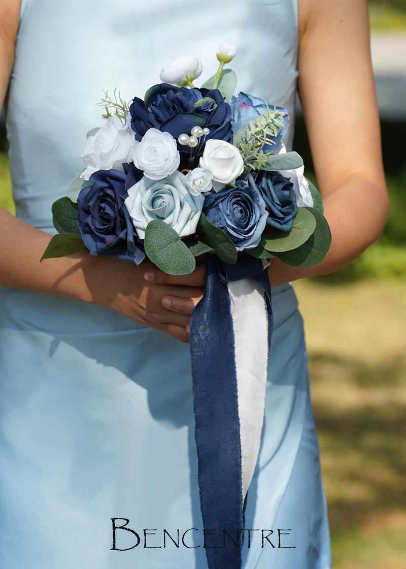 BENCENTRE 7 Inch Navy Blue Bridesmaid Bouquet for Wedding  Set of 4  Small Wedding Bouquet for Marriage Proposal Party and Vintage Wedding Ceremony Anniversary Artificial Flowers - Image 5