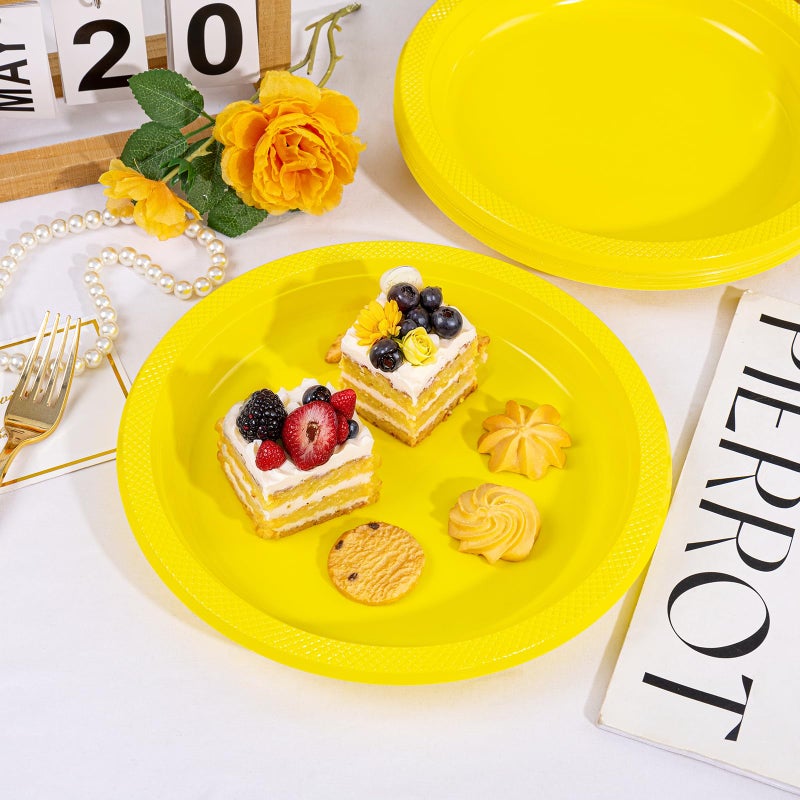WELLIFE Yellow Plastic Party Plates 10 Inch -150 Count  Disposable Plastic Dinner Plates for Easter Spring Parties Mother's Day Picnic BBQ - Image 1