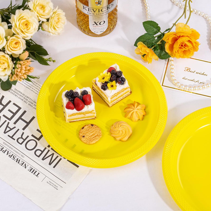WELLIFE Yellow Plastic Party Plates 10 Inch -150 Count  Disposable Plastic Dinner Plates for Easter Spring Parties Mother's Day Picnic BBQ - Image 4