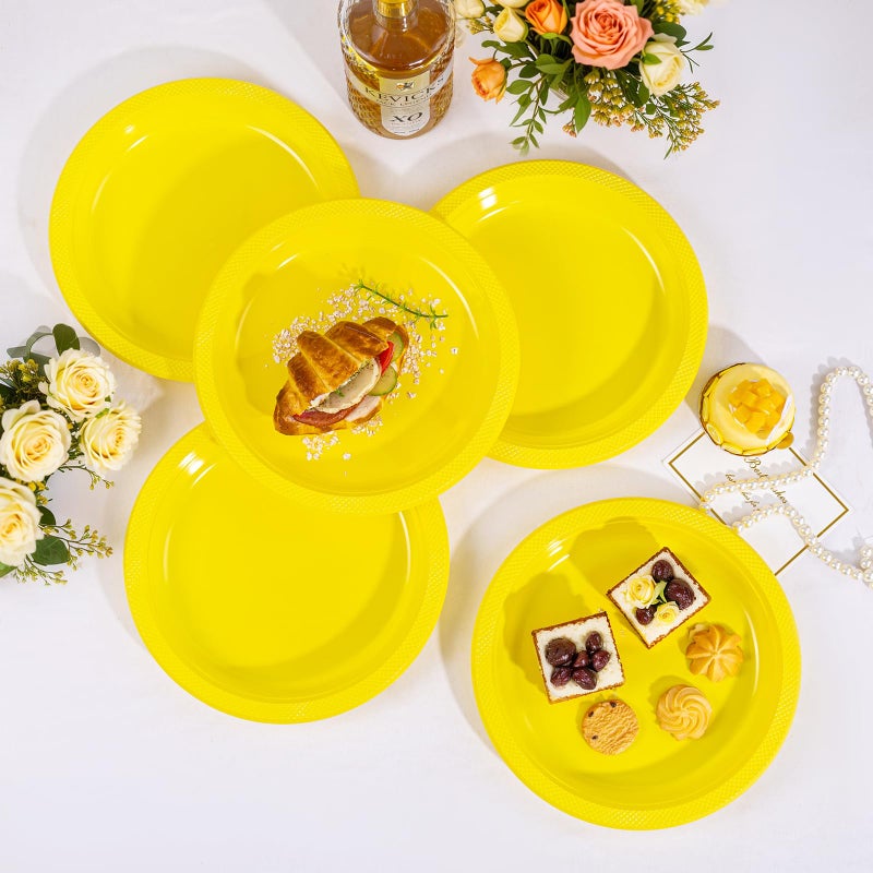 WELLIFE Yellow Plastic Party Plates 10 Inch -150 Count  Disposable Plastic Dinner Plates for Easter Spring Parties Mother's Day Picnic BBQ - Image 2