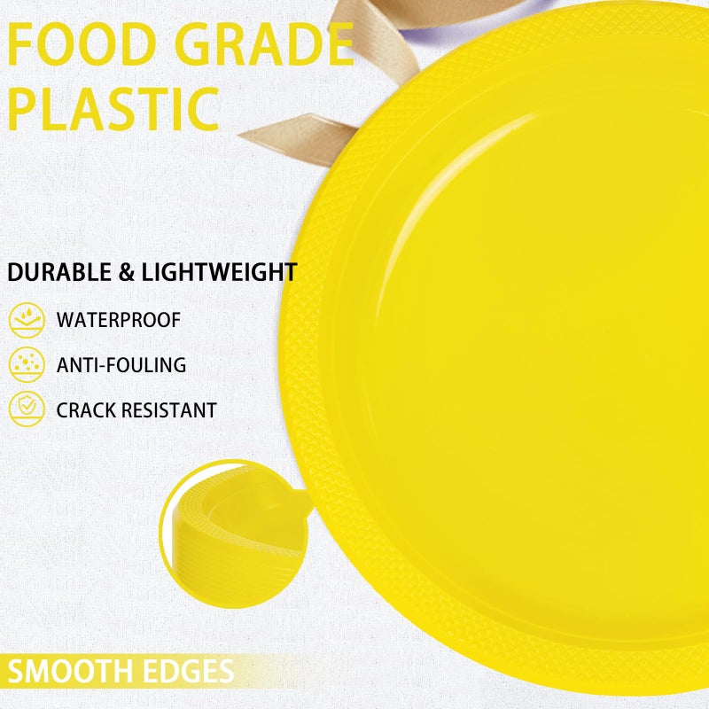 WELLIFE Yellow Plastic Party Plates 10 Inch -150 Count  Disposable Plastic Dinner Plates for Easter Spring Parties Mother's Day Picnic BBQ - Image 3