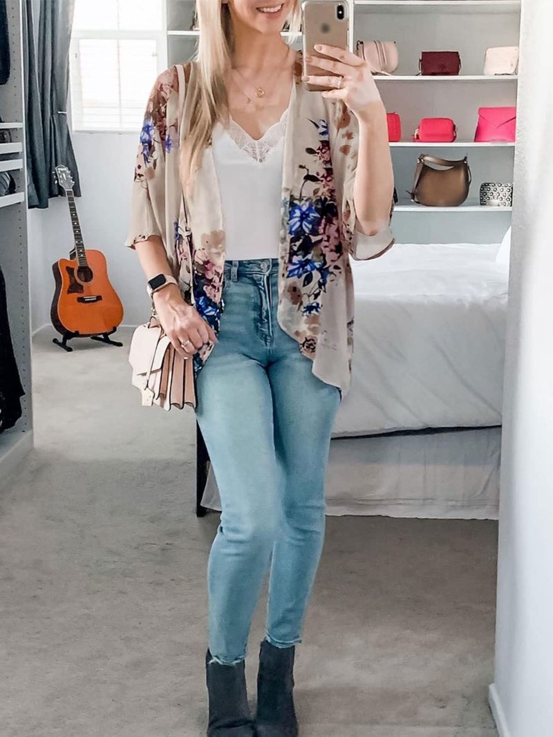 BB&KK Womens Floral Print Sheer Chiffon Kimono Cardigan Blouse Loose Beach Cover up M - Image 5