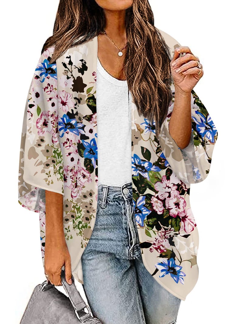 BB&KK Womens Floral Print Sheer Chiffon Kimono Cardigan Blouse Loose Beach Cover up M - Image 4